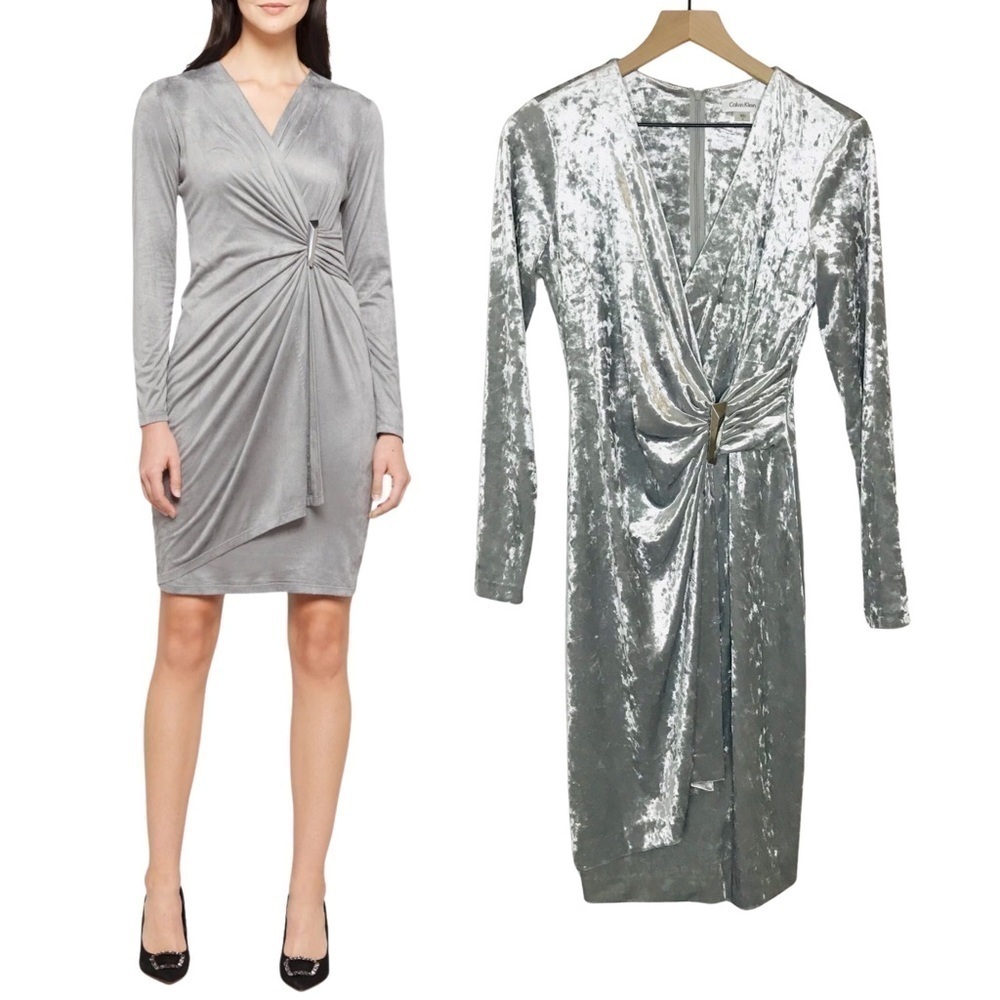 New! Calvin Klein Velvet Long Sleeve Silver Wrap Party Cocktail Dress